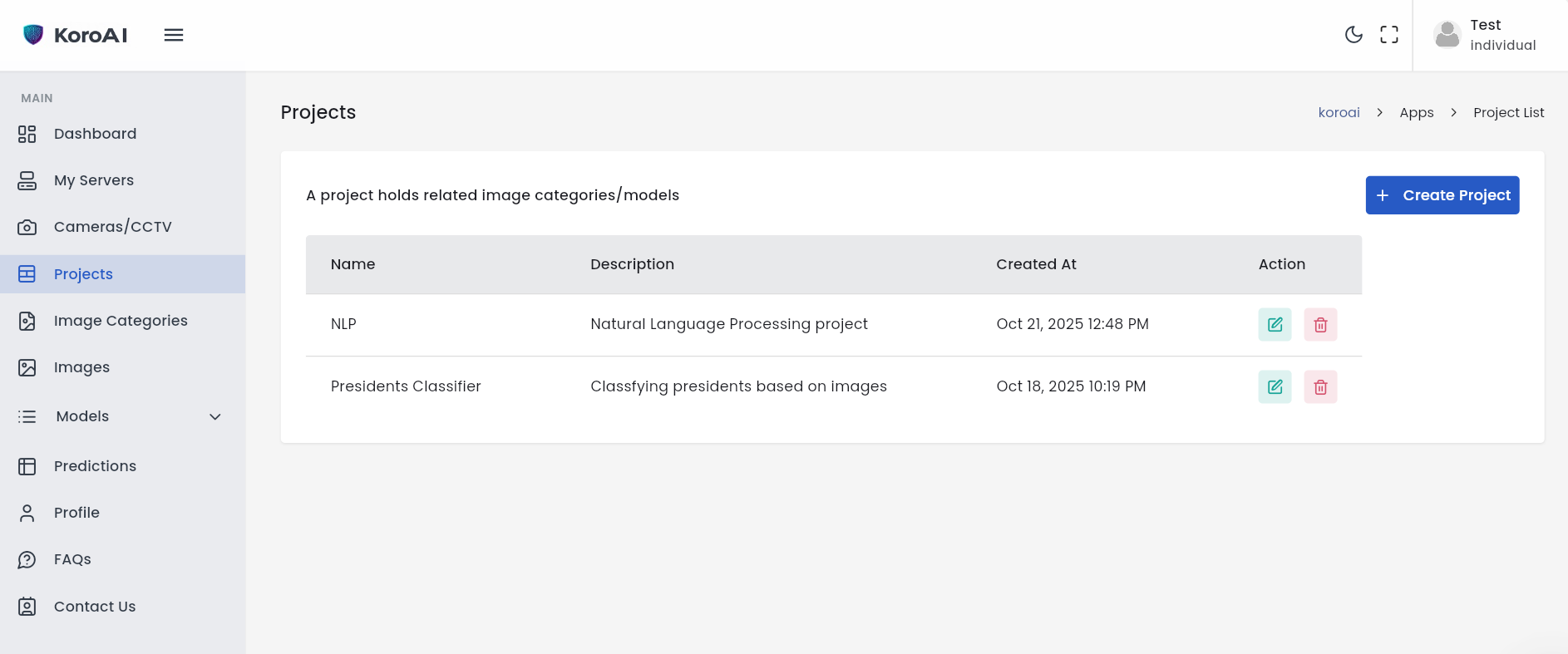 Projects overview screenshot